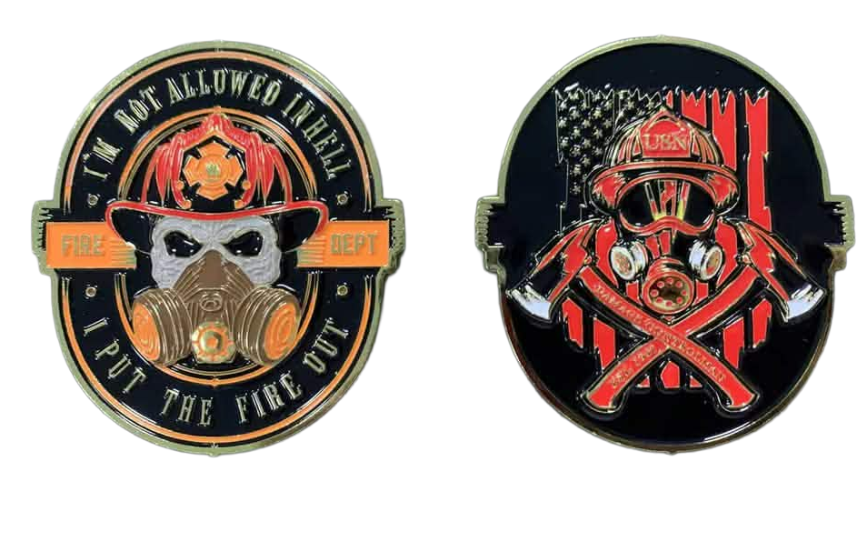 Front and back of a U.S. Navy Damage Controlman challenge coin. One side reads, “I’m not allowed in Hell. I put the fire out.” The other reads, “Damage Controlman, USN, Since 1948.”